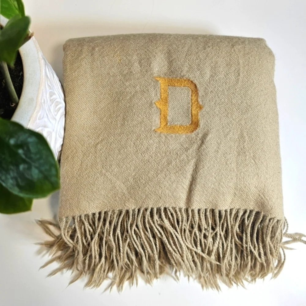 Alpaca Throw Blanket Fringe Tan Monogram D Luxury Soft Warm